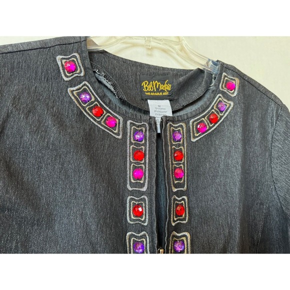 Bob Mackie Wearable Art Black Denim Zip Jacket 1X Purple Red Jeweled Embroidered - Picture 2 of 8